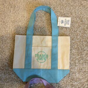 Trader joe's Mini canvas tote bag. pastel colors. blue.